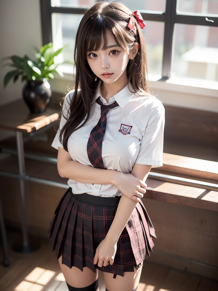(1young girl), (highly detailed Beautiful face), Amazing face and eyes, (Best Quality:1.4), (Ultra-detailed), (extremely detailed CG unified 8k wallpaper), Highly detailed, High-definition raw color photos, Professional Photography, Realistic portrait, Amazing face and eyes, Pink eyes, (hi-school uniform, pleated mini skirt:1.3), (High school uniform with wide open :1.4), twintails, brown hair, model,  (((Bokeh))), depth of fields, School, classroom, sitting, ((panties, )),