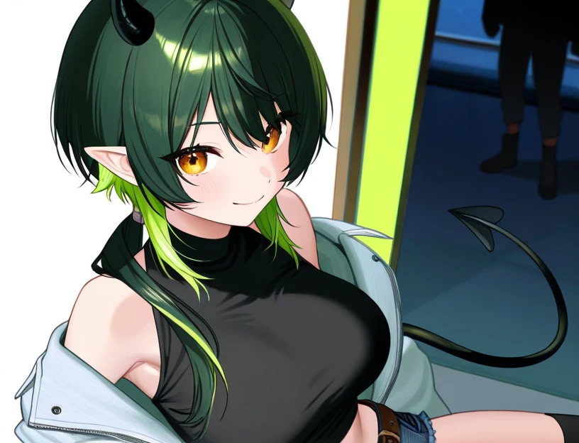 (Best quality,4K,8K,a high resolution,masterpiece:1.2),ultra detailed,Realistic,portrait,greenish tone, dramatic lighting,Goblin girl with horns,beautiful detailed eyes,beautiful detailed lips,long eyelashes,dark green skin,curly red hair,ferocious facial expression,Twisted Horns,Enchanted forest background, unearthly atmosphere,leaves and flowers around her,bright colors,fantasy style, dancing.