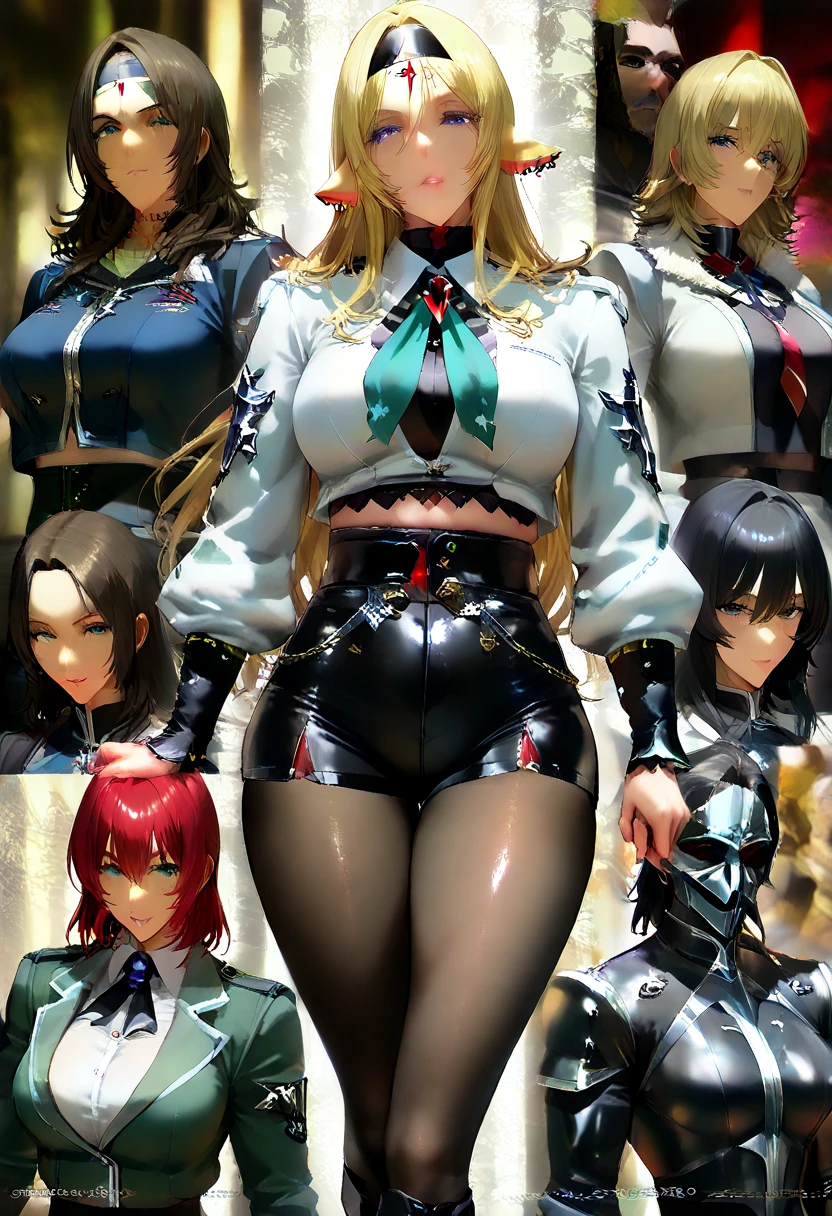 3 gorgeus girls, olhos verdes profundos amendoados, Muscular arms, Ultra HD, retina, obra de arte, Anatomicamente Correto, pele texturizada, detalhes altos, premiado, Melhor qualidade, 8k, alto,( holster, gun holster, bondage gear, armwear, legwear, Choker, black gloves, elbow sleeves, yellow headband, pantyhose, harness, belt with pounches,), shirtless, bottomless, shaved pussy, large perfect breasts, wide hips, thick thighs, naked, clothless,