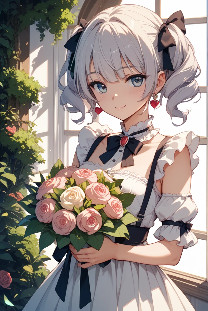 ((masterpiece)), (((best quality))), ((ultra-detailed)), ((illustration)), ((disheveled hair)), ((frills)), (1 girl), (solo), alternative costume， arm strap， bangs ， blue flower， blue ribbon ， blue rose ， blunt bangs， bouquet， braid ， breasts ， bride， cleavage ， clothing ， cross ， cross (symbol)， :d ， dress ， emblem ， falling petals ， female ， female only， flower， flower necklace，yellow-green eyes， grey hair ， hairclip ， hair flower， hair ornament， hair ribbon， hat， hat flower ， headdress ， headwear， holding ， holding bouquet， holding flower ， holding object， jewelry， large breasts ， looking at viewer ， maid headdress ， medium hair ， necklace ， number ， open mouth ， open-mouth smile， petals， ribbon ， rose， rose (flower)， short hair， silver hair， single braid ， smile ， tied hair ， wedding dress ， white dress， white hair，