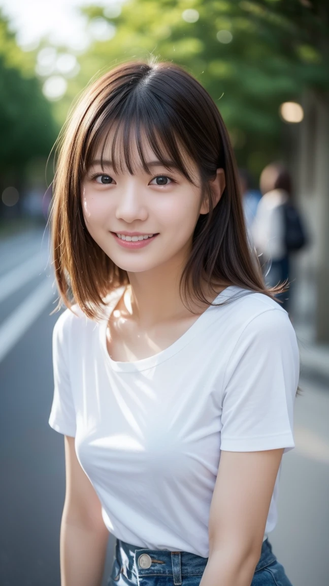 table top, highest quality, 8k, 1 girl, good hand, 14, lively, Active, Life force, luminescent, look away, RAW photo, f/1.8, 135mm, nikon, anatomically correct, Bokeh，rough skin, professional photography, portrait, soft light, professional lighting, alone, (smile), cute, Girly, Digital single-lens reflex camera, film grain, (Eye and face details:1.0), 8k Wallpaper, residential street