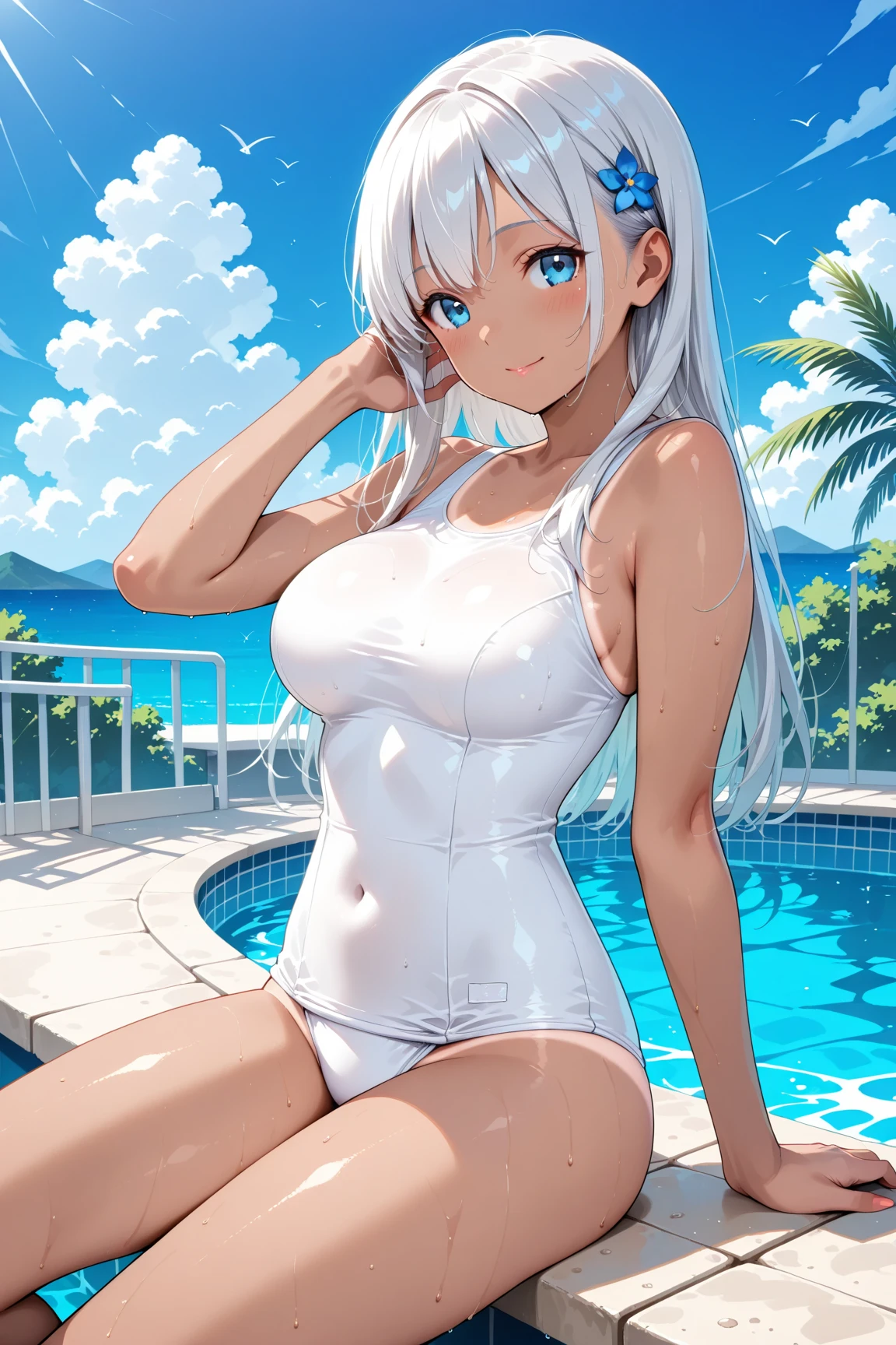tmasterpiece，best qualtiy，high qulity，k hd，High-quality textures，High-quality shadows，high detal，realisticlying，cinematric light，Sideslit，lens flare glow，Ray traching，Sharp focus，white swimsuits，White eyes，By the pool，having fun