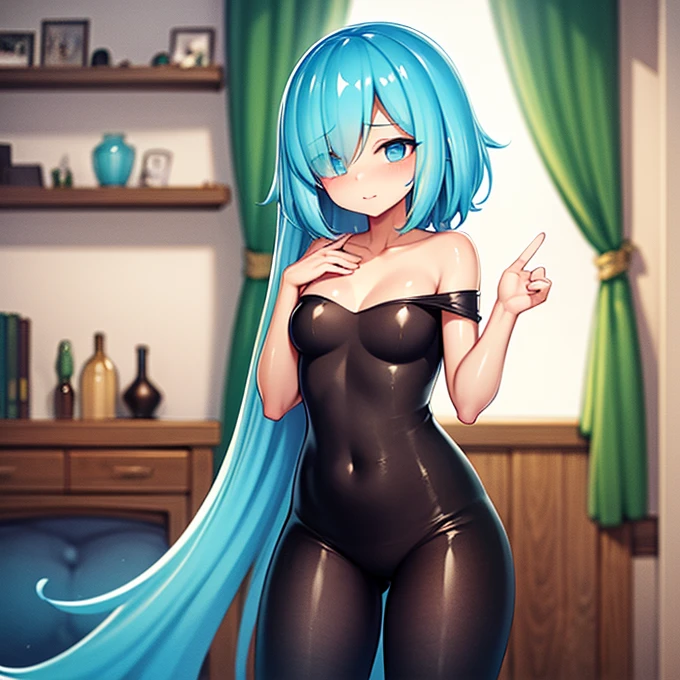8K, high resolution, ultra detaild, (work of art:1.4), best qualityer, symmetrical body, (black latex strapless crop top:1.4), (latex thong:1.4 Drawing Your Intimacy), choker, cute, standing alone, aretes, shorth hair, hair blue, blue colored eyes, glow effect, finely eye, face detailed, gazing at viewer, alluring face, in the bedroom, legs spread open, angled view, breasts big, seducing gaze, perfect toes, voluptous