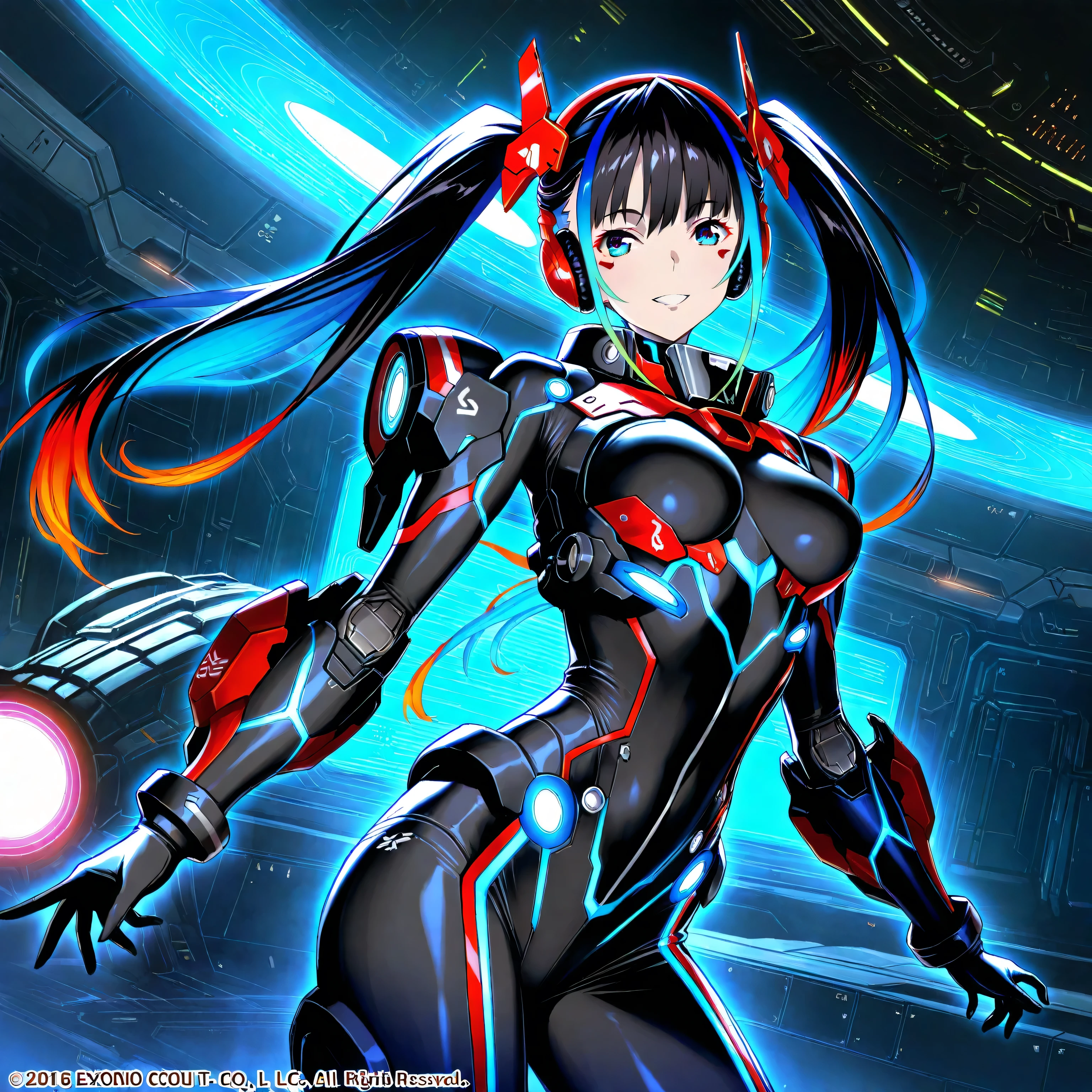 Red cyborg suit、、beautiful girl、ponytail、Black Hair、fight、blue beam、H Cup、Sparks fly,