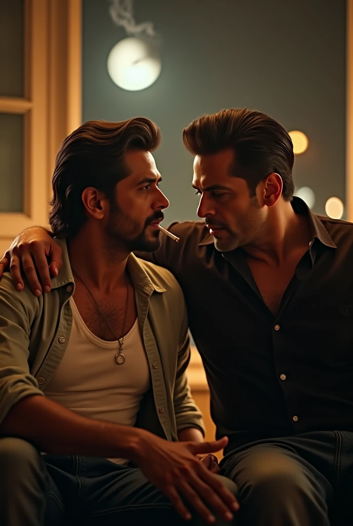 : Rafael and Lucifer in a deep conversation, with expressions of interest and mutual learning, highlighting the duality of their interactions.
