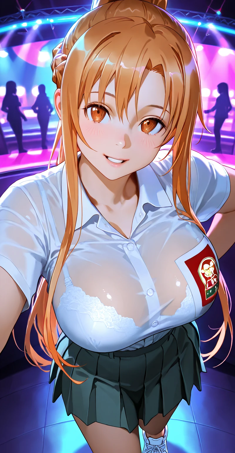 adult women in cybercafe, half naked, wearing prostitute clothes, smiling, naked small tits, piercing on nipple
