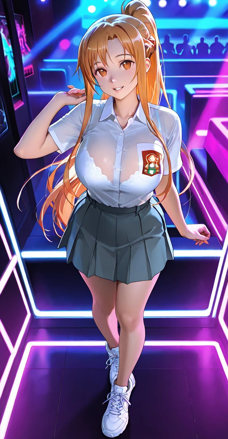 ((JAV cover:2.0, Large, POP title text:1.8)),(SFW:1.8, highest quality、highest quality、masterpiece、Ultra-high resolution, 8k, RAW Photos, Realistic: 1.4), (Safe and secure、All ages、safety sensor、Absolutely safe, safety), Ambient lighting to suit the space、From feet to head、One Girl, The body is slim、Oval Face, pore, (Multi-coloured contact lenses、Lip gloss, Long eyelashes), (Mega Size Super Big Breasts:1.5),
)
(Detailed pupil, Perfect Eyes:1.2), (Reflects light、Shiny clothes that show wrinkles:1.2), (Hoop Earrings), necklace, latex, Attractive perfect female proportions, Captivating smile, Fine surface texture, Highschool girl、Captivating woman、short hair、Cream yellow and inner color hair color、(White shirt and black pleated skirt:1.8)、(A girl wearing a cream yellow cardigan)、(((Big Breasts))), Big cleavage、(Angle from below、Neon-lit nightclub corridor:1.8)
