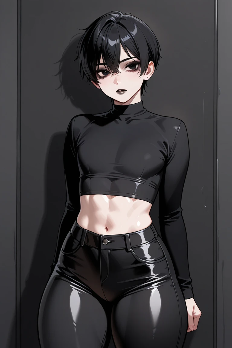 masterpiece, best quality, 1girl, tomboy,  black hair, short hair, inverted bob, hair over one eye, thick lips, red eyes,  closed mouth, long eyelash,    veins, latex crop top, latex shorts,