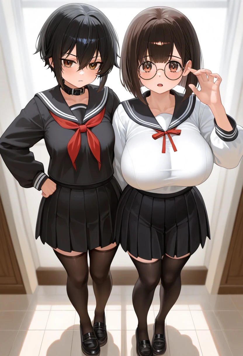 Beautiful sisters　Height difference　mini skirt　Black Hair　hair band　White panties　My sister has big　My sister is shy