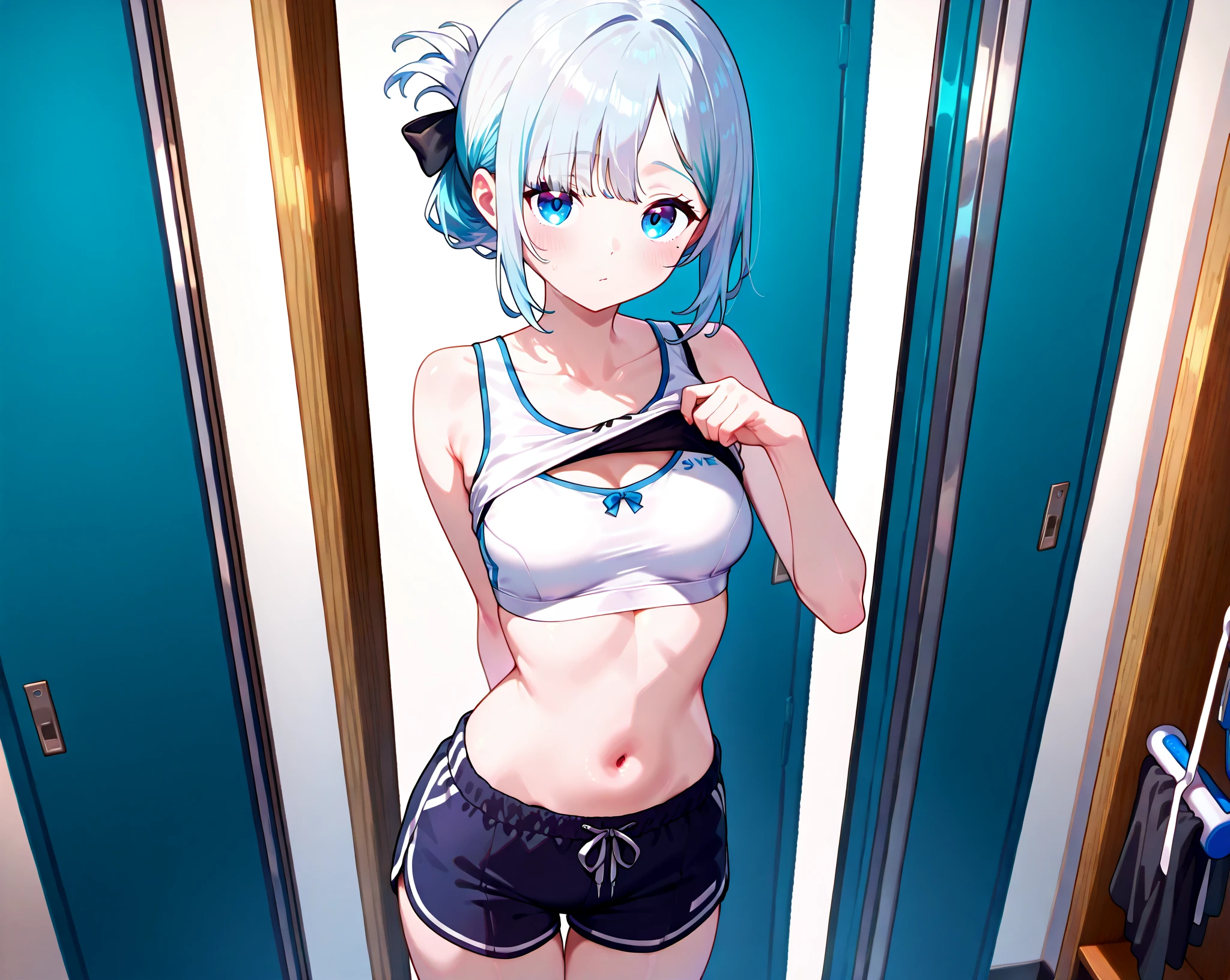 This is the high school gym.、 in underwear、lob hair、White and cobalt blue bra