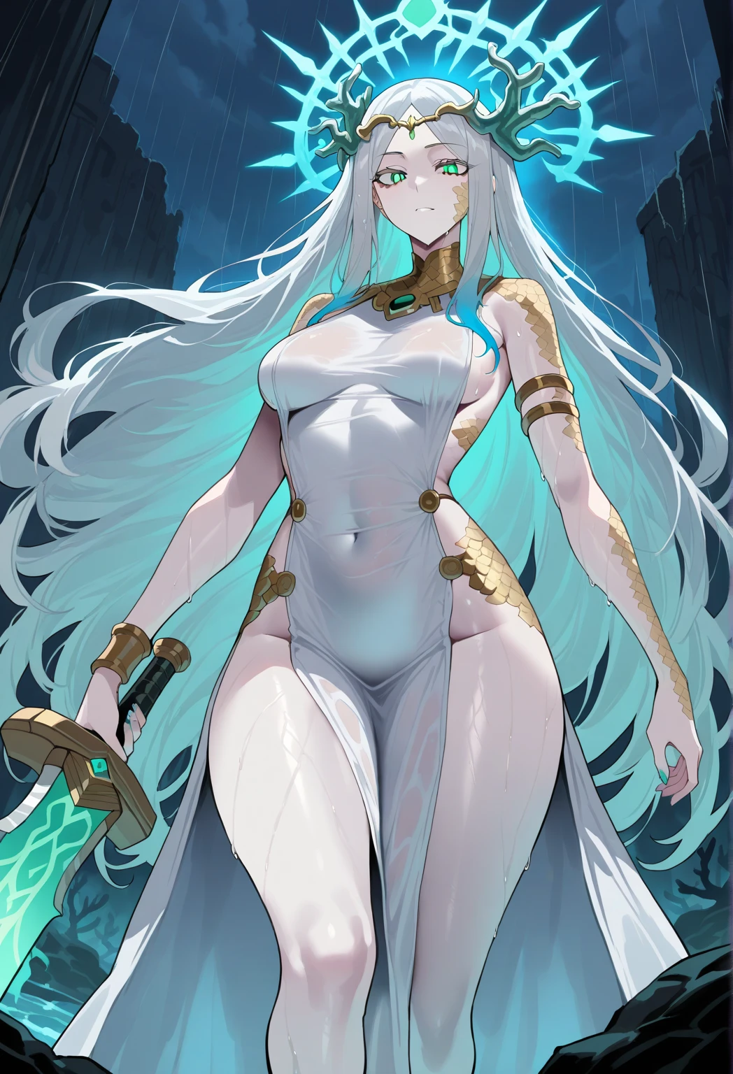 standing straight symmetrical, full body barefeet, drow elf 1girl, mature, BIG OPEN eyes, LONG MESSY hair, BIKINI, abs, big knockers, chain collar, stomach, NAVEL, BAREFEET