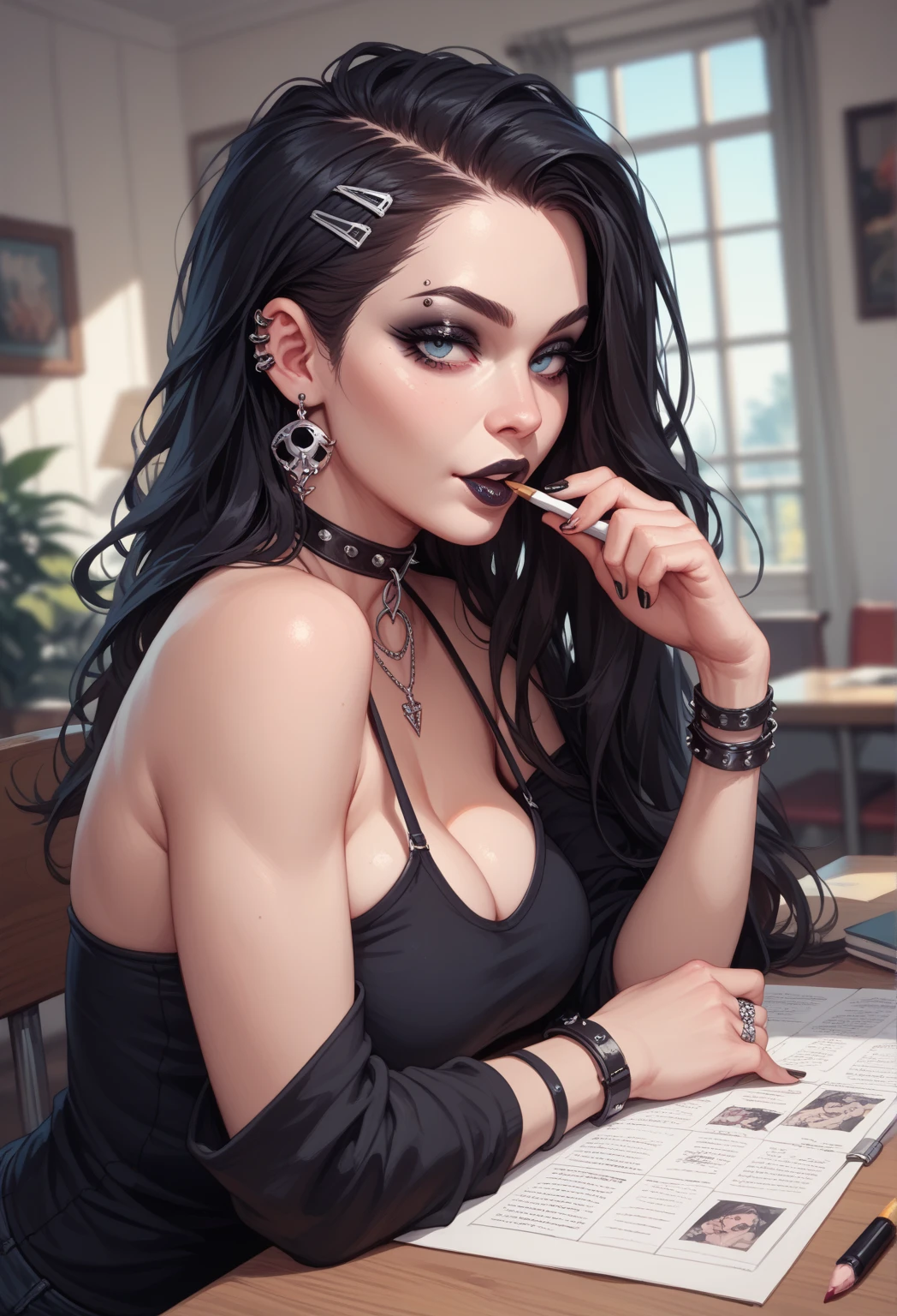 a woman with medium black hair,  black dress,  blue eyes, gothic art, cute aesthetic with vibe, toon aesthetic, wearing gothic accessories, look like Cassie Hack, upper body, party background