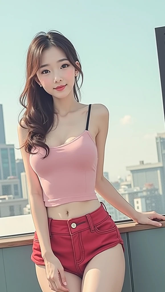 (masterpiece:1.3), High resolution, Very detailed, CG, 8K壁紙, photo-realistic, RAW Photos, (8K, Highest quality, masterpiece:1.2), (Realistic:1.4), Beautifully detailed face, Perfect and beautiful face, Beautiful and elaborate face, Accurate, Highly detailed face and skin texture, Detailed hair texture, Perfect body, (Fair skin:1.2), Beautiful eyes in every detail, Slim face and figure, Big eyes, (Glossy Lips, Natural color lip:1.4), ((Sexy sensual smile, Attractive sexy smile:1.4)), ((Beautiful woman, Random hairstyle:1.4)), ((A beautiful Japanese woman is wearing tight clothing and working as an amusement park attendant。She wears a tight uniform、The upper body is a fitted shirt、The lower half is a tight mini skirt。The clothing colors are bright blue and red.、The amusement park's logo is printed on the shirt。Women's hairstyles should be in a ponytail or simple updo.、The smile is shining。Her big breasts、Toned thighs、She is posing in a way that accentuates her rounded buttocks.。In the background, colorful attractions and rides of an amusement park spread out.、Many people under the bright sunlight々I can see them having fun.。Women are friendly、With a friendly look、It brightens up the atmosphere of the amusement park.。The light is natural、Creating a lively and fun atmosphere。:1.4)), ((Full Body Shot:1.4)), (Staring at the audience:1.3), ((sexy shot looking at camera, Bold sexy pose:1.3)), (Detailed Background:1.2), Perfect dynamic composition
