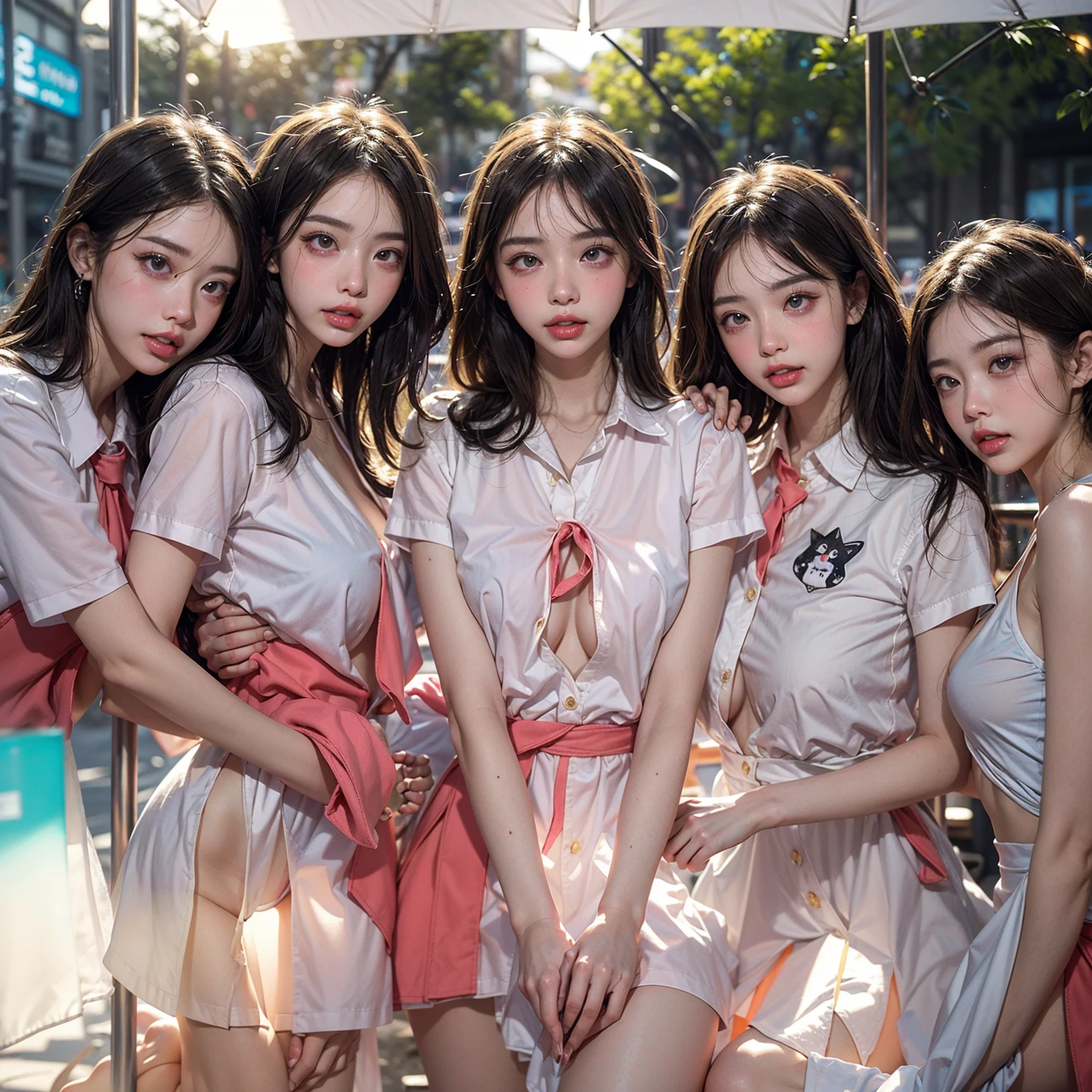 detailed beautiful face, 8K, panorama,
((silk pink sailor collar, sleeveless, silk pleated miniskirt, tight clothes)),
impossible breasts, perfect proportion, shiny skin,
bleached pink hair, shiny,
group photo of 10 girls harem in the night on luxurious silk bedroom