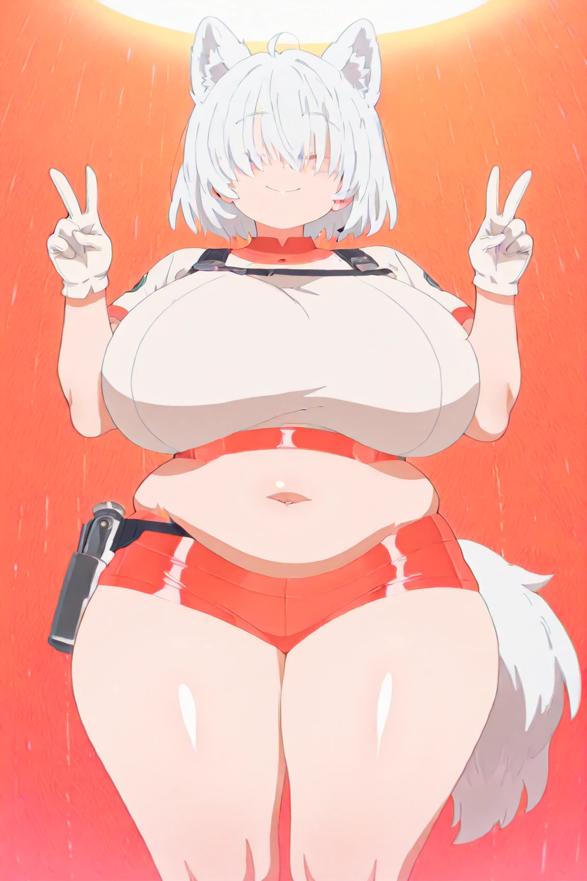 short white hair,naked large mammary glands,background in the middle of a city ,a lot of people looking at it, in underwear, blue eyes 