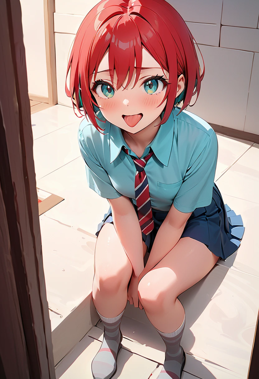 room, 1 Girl, Highest quality, Ultra-high resolution, Long Hair, Redhead, Green Eyes,Looking at the audience, Small breasts , smile, Open your mouth、(Navy blue cuffs and white short-sleeved gym uniform)、(Navy Blue Bloomers)、(
barefoot)、Navy blue socks、sports boots、Ground、Schoolyard、Sexy pose