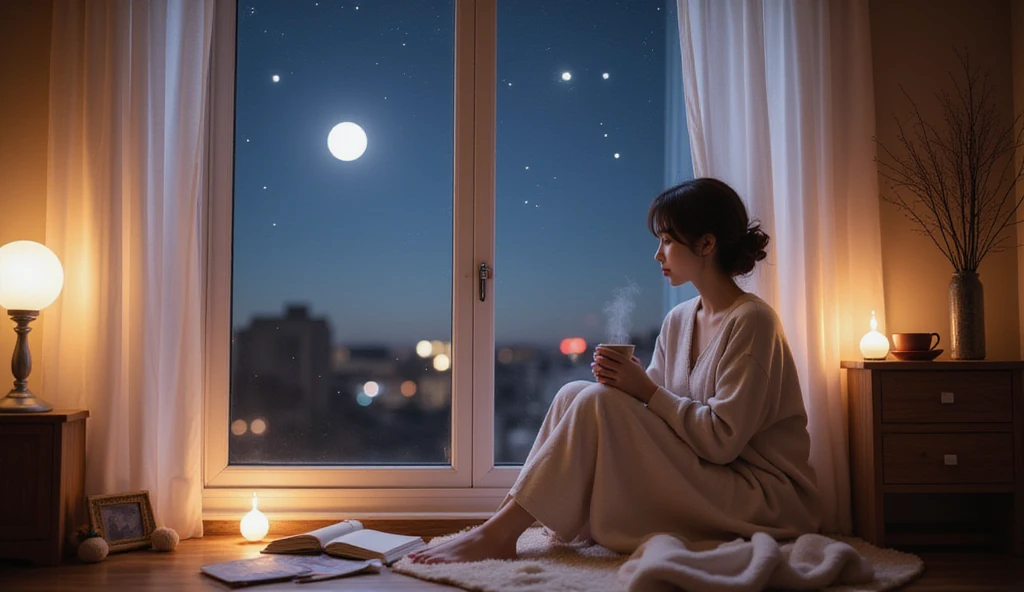 Looking at the starry sky outside the window from inside the room，1 girl of the highest quality，The windows are large，Bed in front of the window