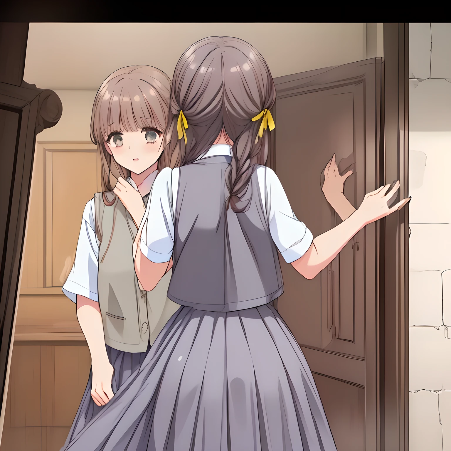 (highest quality, masterpiece:1.2), highest quality, High resolution, 1080p, 8K, (a group of (too beautiful) (too pretty) (so noble decorous well-behaved) (((most beloved))) (Japanese girl's love-story comic heroines) are putting hair into twin braids, getting into a dark door of (heaven filled with neatest school uniform beautiful girls), the smell of the girls come out from the door and ((generates my unlimited lust)), talking together, (smart and perfectly balanced style like a fashion model), neat & clean, lovely strong charm, noble beautiful hand and fingers like a model, school hand bag, girls accepts my lust with laugh: 1.5), (A neat beautiful grey vest-style school uniforms and grey wide-boxed-pleats skirts, from behind: 1.8), (I am (following behind the girls) watching their neat uniform rear style secretly with unstoppable lust: 2.0), (Nothing but darkness background to emphasize their neatness: 1.5), (focus on the longer skirt: 1.5), (Noble Japanese women's high school girly happiest atmosphere: 1.2), blowing wind