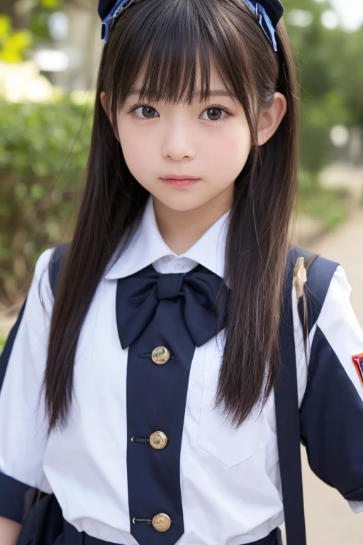 Japanese,7 years old,Innocent face,Teenage Girl,cute,Primary school students,private elementary school,uniform,Summer clothes,Are standing,Entrance ceremony,In front of the school gate,from the front,Close-up photo from the waist up,Twin tails,short hair,Hair Clip