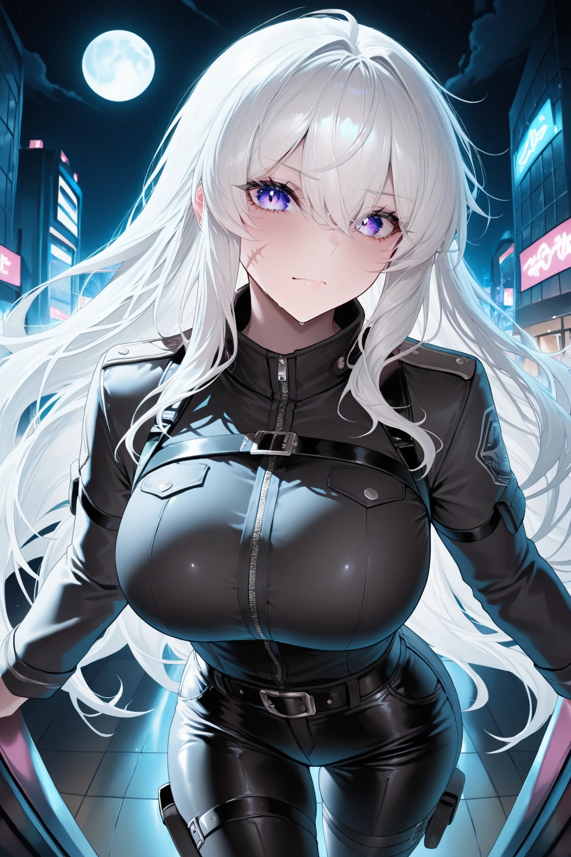 Silver Hair, bangs, Bobcut, Head-mounted display, Glowing Eyes,Sharp Eyes、 Textured skin, high quality, 最high quality, masterpiece, Sci-fi spies, Cyberpunk World, Functional bodysuit, beautiful girl, Shiny bodysuit, Girl in the dark, 6k, cute, The facial details are particularly rich., Perfect lighting, Fits perfectly to the skin, Cleavage、Large Breasts、latex, White jumpsuit, moonlight, Shades, goddess