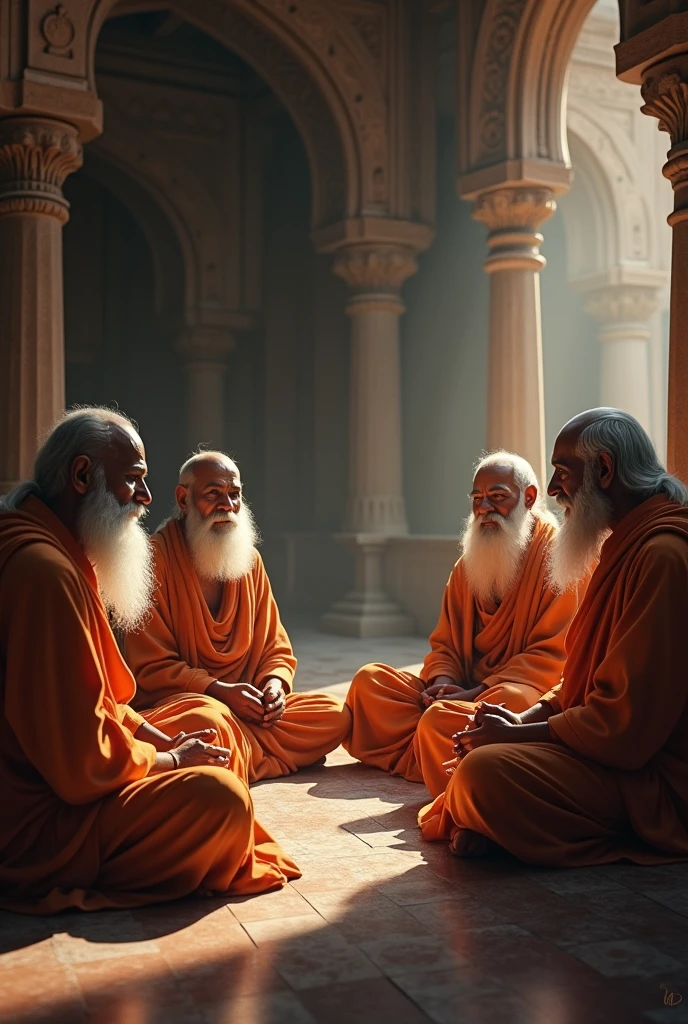 Scene: ancient scriptures, meditating hindu sages, and families performing rituals