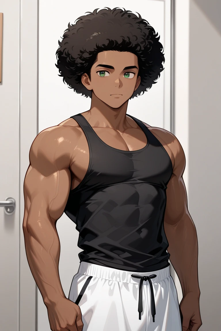 (A 17-year-old with an average physical appearance:), a 17-year-old teenager with a height of 1.80m and dark skin. Her eyes are brown and her short hair is black and curly. His face has mixed features, with a somewhat flattened nose and a large but thin mouth. His body does not have extremely defined muscles, but rather a median musculature, typical of a young man of his age.)