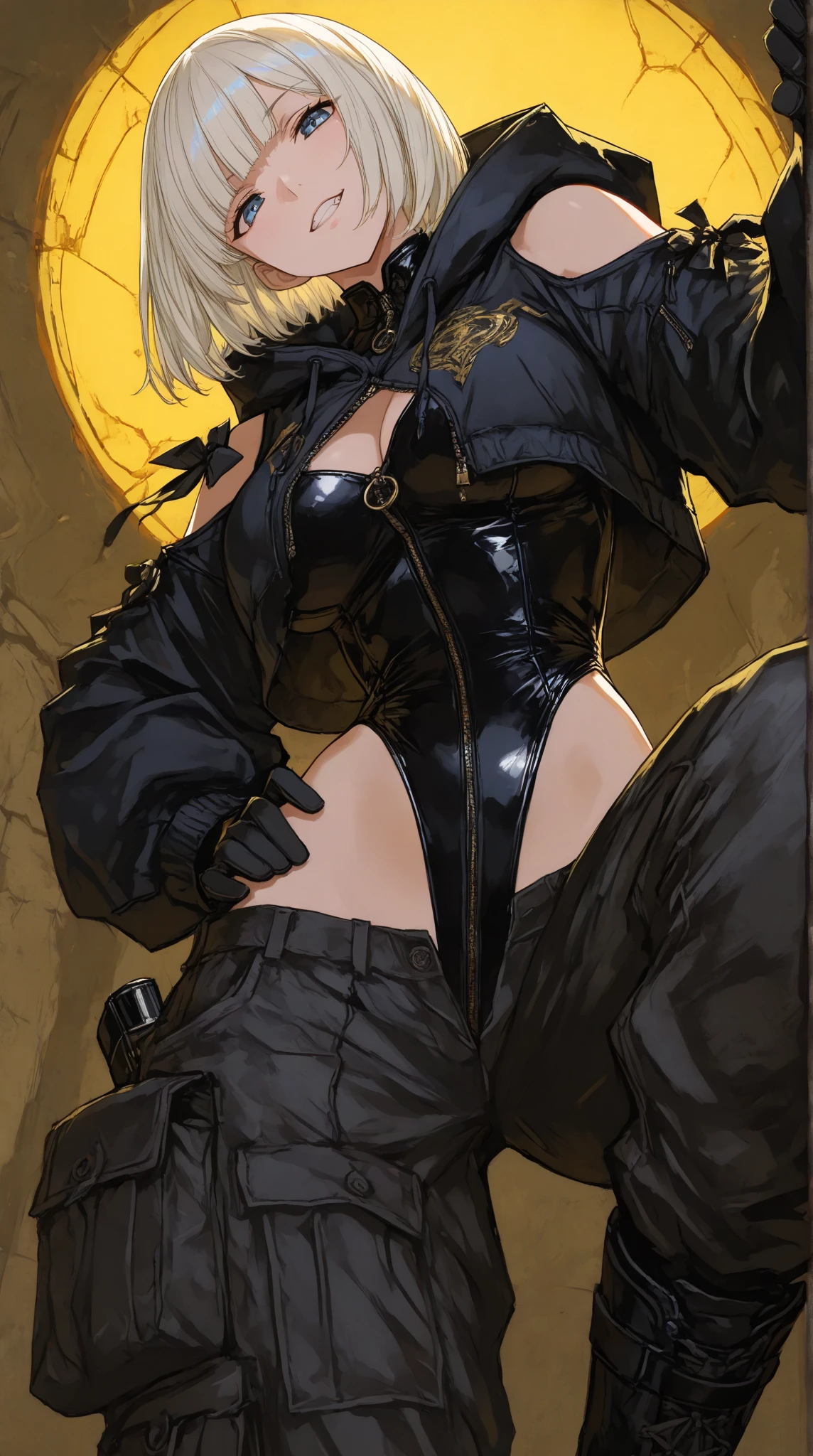 Whole body, Very tall, slim milf; demon queen; blonde hairs and incredible long ponytail; strong goth makeup; brown eyes; small firm,pointy breast; sensual midriff; wearing jewelery, necklace, earrings, transparent black bikini top, short leather jacket, visible fancy thong strings; gloves, highplatform clogs,rings, church, best quality, expressive eyes, perfect face, masterpiece, slim body, very long legs, detailed stomach, detailed hips, detailed legs, carefully drawn toes, carefully drawn feet, carefully drawn hands, best quality, drawn with careful, Dynamic Angle, Highly detailed, seductive eyes