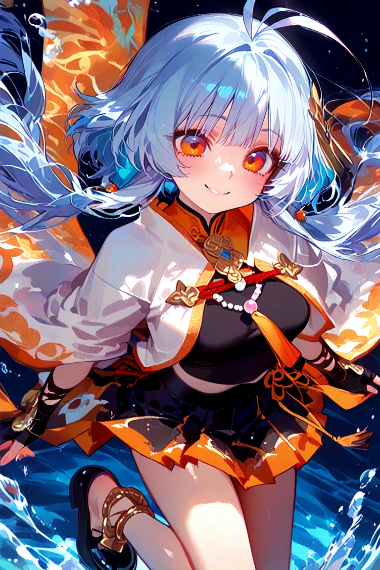 Miku Hatsune 18 year old girl, add high definition_detail:1, blue fur,kitsune ears, japanese tattoo art add_detail:1, arms in the air, japanese samuray costume add_detail:1, glowing body