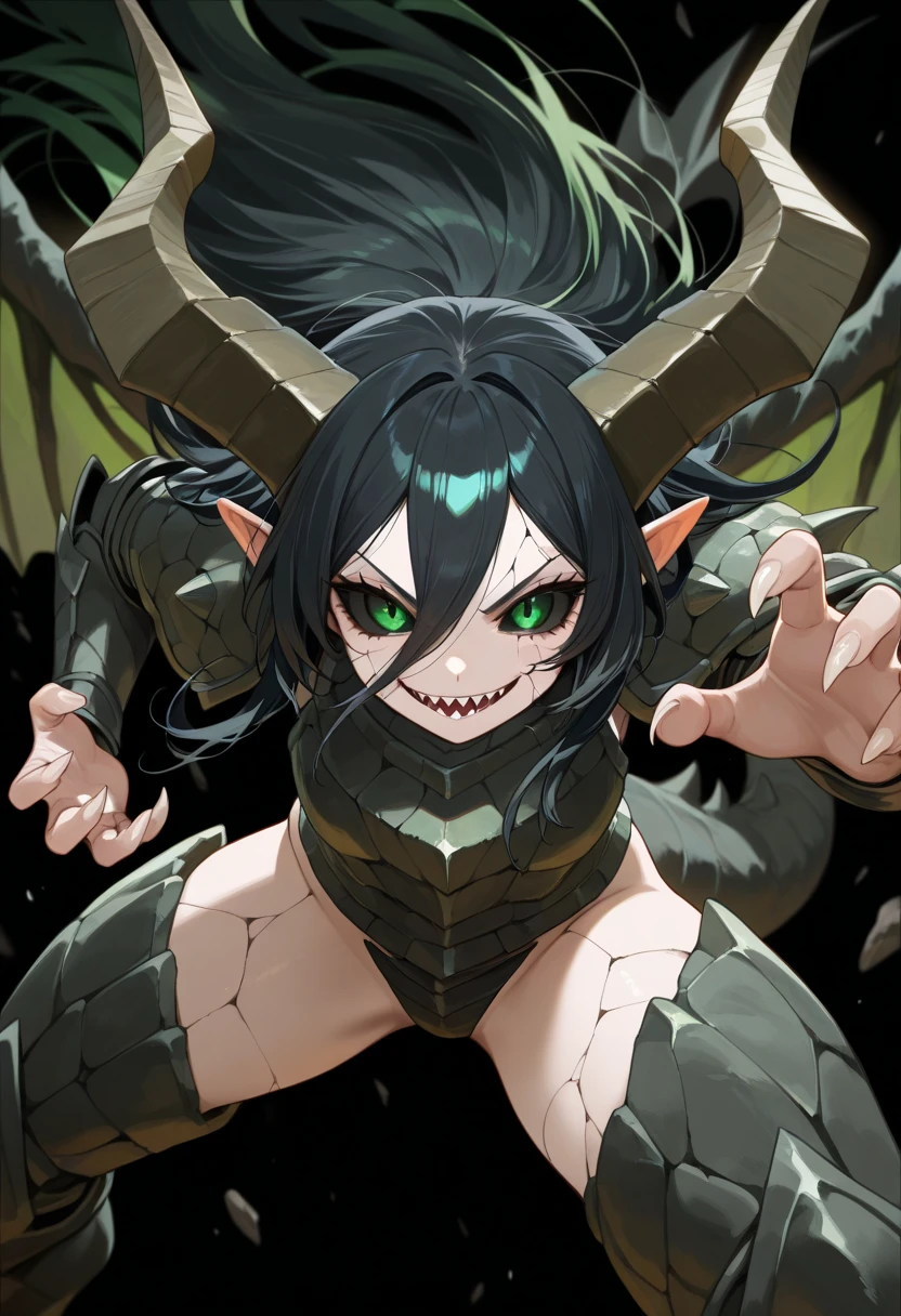 1girl ,yellow-green hair, red eyes,lady,  dragon, dragon tail, full of scales, horns, claws, dragon wings , (masterpiece, best quality),  muscular, sexy, happy, smile 