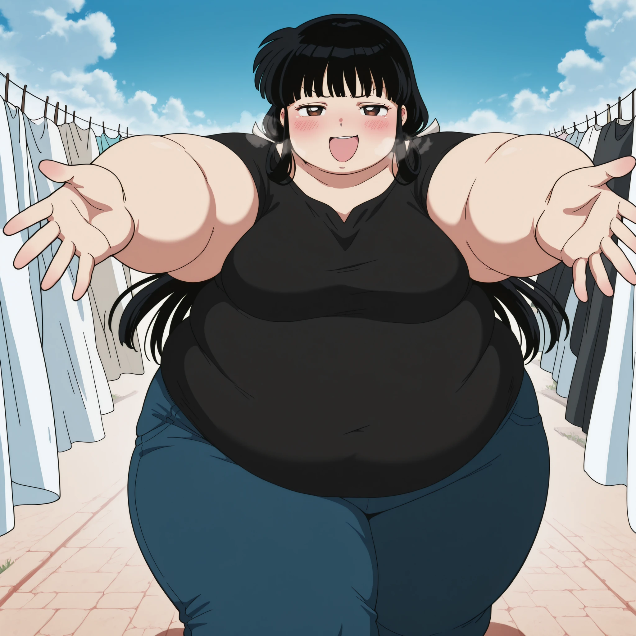 masterpiece, best quality, amazing quality,, 1girl, solo, kikyou, long hair, black hair, brown eyes, sidelocks, himecut, mature female, medium breasts, anime screencap, black shirt, blue sweatpants,, , laundry day, clothesline, drying clothes, domestic life, fresh air, blue sky, cowboy shot, solo, looking at viewer, fat, chubby, obese, gigantic arms and legs, large breasts open mouth, out of breath, showing feet, pov belly, from above, walking, incoming hug, smug, blush,