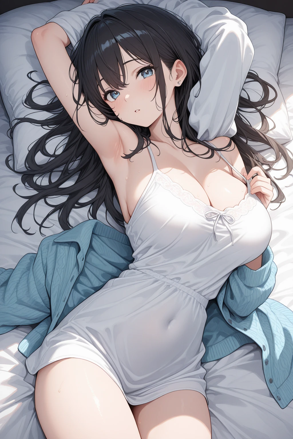 ((best quality)), ((masterpiece)), (detailed), 1girl, off-shoulder sweater, Sexy beauty lying on the bed，Transparent white bikini，pain，enjoy，open mouth，Sweating