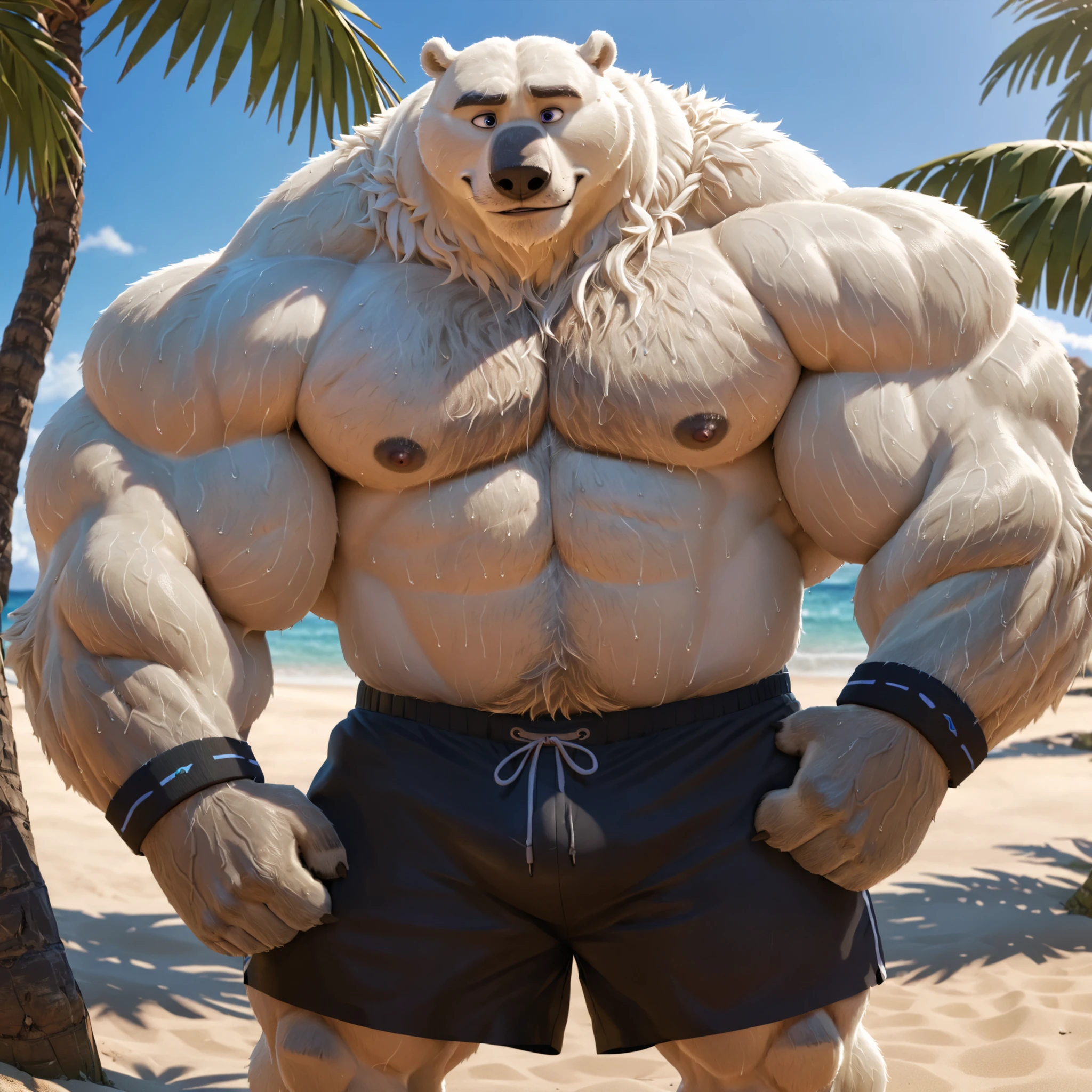huge muscular polar bear Dad in Tropical Beach, big smirk, polar bear, huge white fur, thick arm, huge arm, bearded. Short white hair and white beard, white mustache, bearded white, (muscular, pectoral, wide pectoral, thick arms), correct anatomy, beach, palm, veins all over the body, realistic, detailed eyes, 8k, masterpiece, (wearing black shorts, wristband, watch and shirtless), straining, gainig massive muscle power. Flexing hardcore