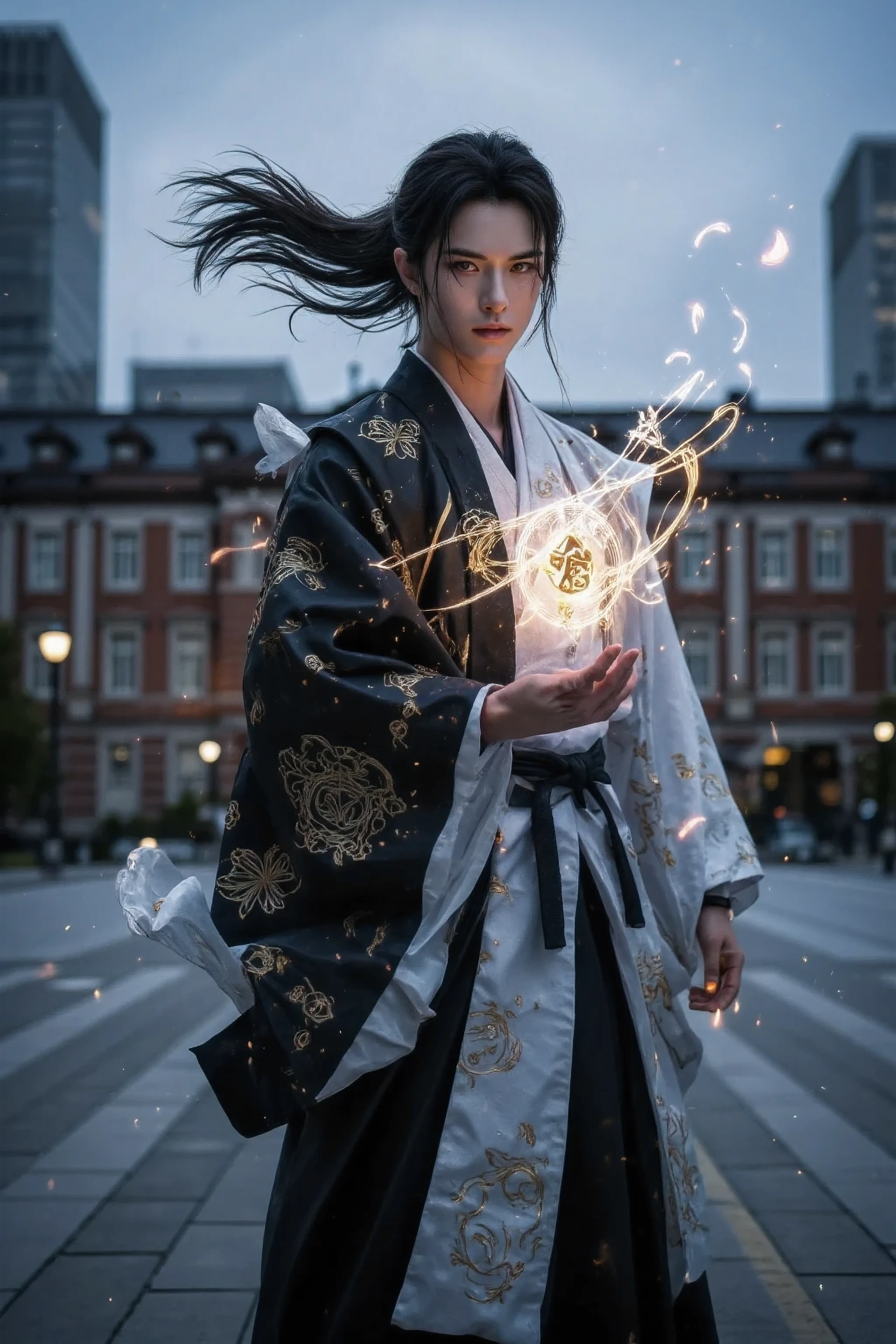 A young onmyoji from ancient Japan has been reincarnated in modern times and is standing in front of Tokyo Station.He stands in a dramatic summoning pose, holding a glowing ofuda (talisman) in one hand, his eyes focused and gleaming with spiritual energy.