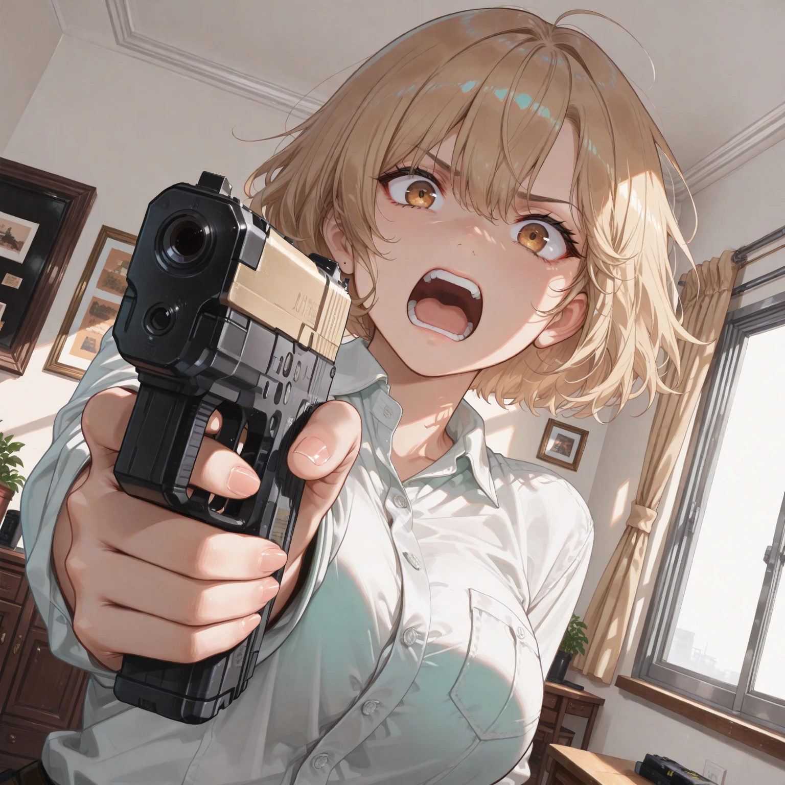 ((((one person)))),(((Perfect Anatomy, Very detailedな肌))), (((1 girl))), Japanese, Police Girl, Shiny skin, Small breasts:0.5, Are crying,(((Tears flowing))),avert your eyes, Beautiful Hair, Beautiful Face, Beautiful fine details, (Short Hair:1.5,), Blonde, bangs, Hair between the eyes, Red eyes, Beautiful clavicle, Beautiful body, Beautiful breasts, Beautiful thighs, Beautiful feet, Baby Face, Mole under the eye, ((Policewoman uniform, Light blue sleeveless shirt, Ultra mini skirt), belt, ((Precision Watches)), Navel exposed,Captivating thighs , 8k, highest quality, Masterpiece​:1.2, Very detailed), (Realistic, photoRealistic:1.2), Beautiful illustrations, Cinema Lighting,Dark corridor,Wooden wall,(((front,Are standing))),Cowboy Shot, Wide angle