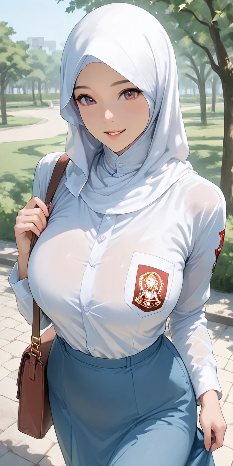 girl,hijab,hijab outfit,super big breast,(P cup breast),happy,beautiful smile,in the field fotball,playing a fotball,kick ball on the goal,red arsenal outfit