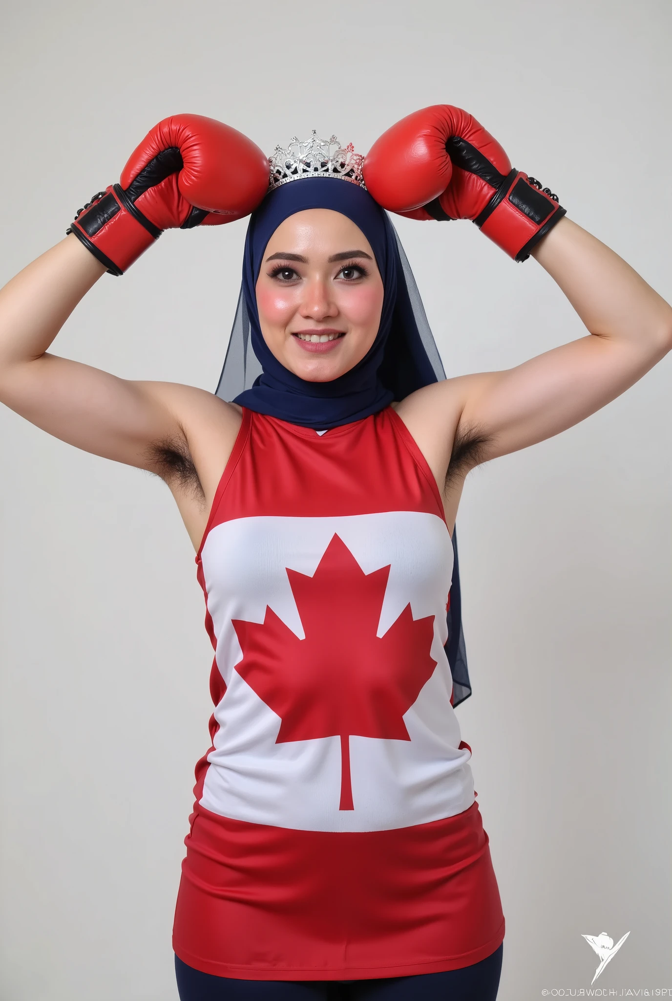 front view, Malaysian hijab-wearing mother. (Wearings Canada flag top strapless ). BOTH SIDES HANDS IN STRAIGHT UP LIFT WEARING BOXING GLOVE , hair Arm pit