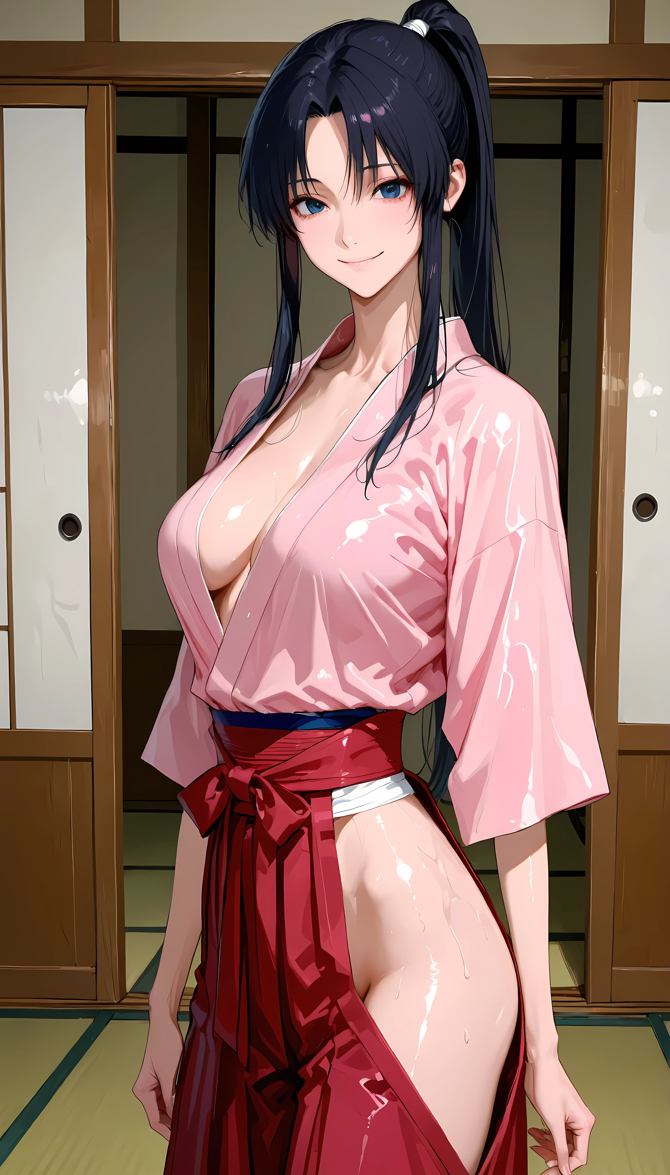 score_10, score_9, score_8_up, score_7_up, score_6_up, score_5_up, score_4_up, BREAK, source_anime, Nico Robin with combed back hair, one piece, smile, serafuku, pink sailor collar, pink necktie, white shirt, short sleeves, pink micro skirt, thong, zettai ryouiki thighhighs, looking at viewer, (sagging huge_breast), erect nipples, dirty dark large areola, skinny, slim legs, milf, natural armpit hair, Unshaven black Pubic Hair, nsfw, front view, standing, hand on hip, in the restaurant, one_piece_wano_style