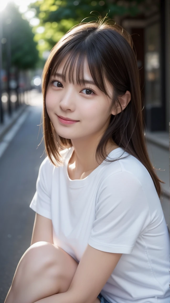 masterpiece, best quality, illustration, ultra-detailed, finely detailed, high resolution, 8K wallpaper, perfect dynamic composition, beautiful detailed eyes, summer blouse setup clothes, medium hair, small breasts, natural color lips, bold sexy poses, smile, Harajuku, 18 years old girl, cute, sexy shot, looking at camera