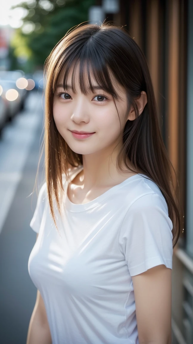 Tabletop, highest quality, Realistic, In detail, High resolution, 8k wallpaper, Perfect dynamic composition, Beautiful details, Medium Straight Hair, Random sexy poses,Random Situation、Light black tight knit shirt、(Beautiful breasts 1.3)、Big smile、Bokeh、nature、Age 25、(Droopy Eyes 1.3)、Adult Beauty、Japanese