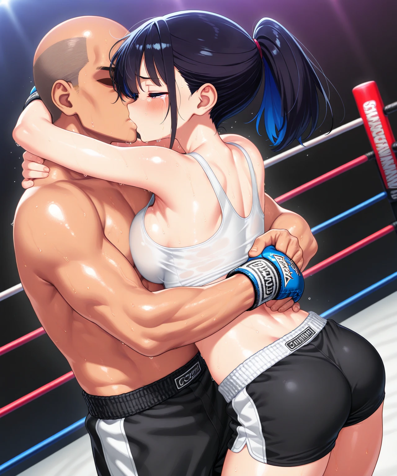 ((((1girl)))and(((hairy man)))),hetero, (1old man),large penis,covered penis,dark-skinned hairy man,interracial,smug,Boxing Gloves, BREAK 1girl,(tall stature:1.4),(fighter:1.4), (medium hair,twin tails),straight hair,silver hair, light blue eyes, medium breasts, pale skin,shiny skin(ahegao),(trembling), erectile nipples, BREAK ((she wears [dress] shirt, black Thigh High Socks)), (cum:1.4),cum in pussy,(cum on clothes:1.4), cum on breasts,cum on body,cum facial, bukkake,cum in mouth,cum on hair,(excessive cum), BREAK ((vaginal,sex)),(upright straddle,couple,face-to-face), clothed sex, intercourse with old man, (wrestling ring), (((masterpiece))),(((best quality))),((ultra-detailed)),(illustration),((an extremely delicate and beautiful)),(detailed background),