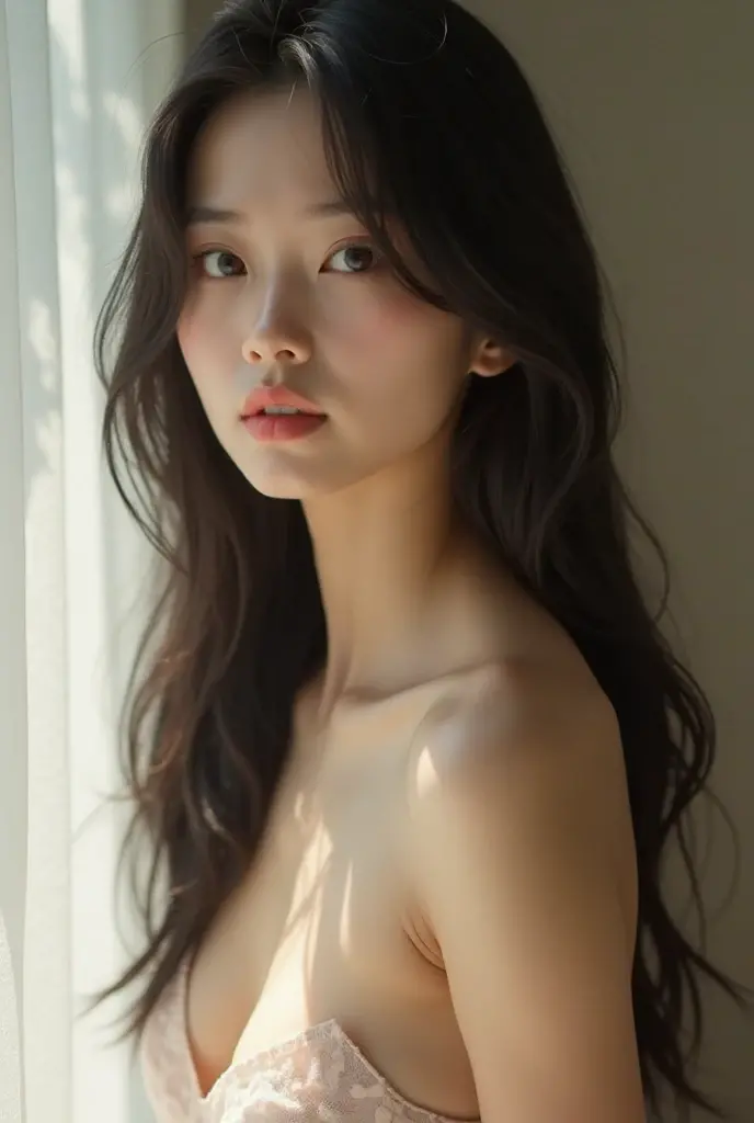 8k, masterpiece, RAW photo, best quality, photorealistic, extremely detailed CG unity 8k wallpaper, Depth of field, Cinematic Light, Lens Flare, Ray tracing, (extremely beautiful face, beautiful lips, beautiful eyes), intricate detail face, ((ultra detailed skin)), best quality, Masterpieces, Super high resolution, (photograph realistic:1.5), Original image, naked portrait, 1girl, nude photography, In the dark, deepshadow, low tune, Cold light, Sexy look, long whitr hair,Cafe,pretty,lim light,swirling hair, medium shot, big breast.