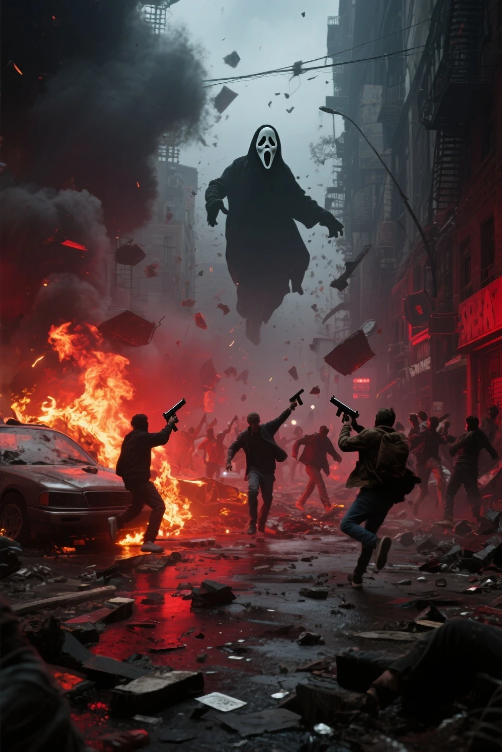 A creepy creature lurks in the shadow while a scared woman tries to run in the rain. He is covered in blood and has a lunatic look in his eyes as he is about to strike