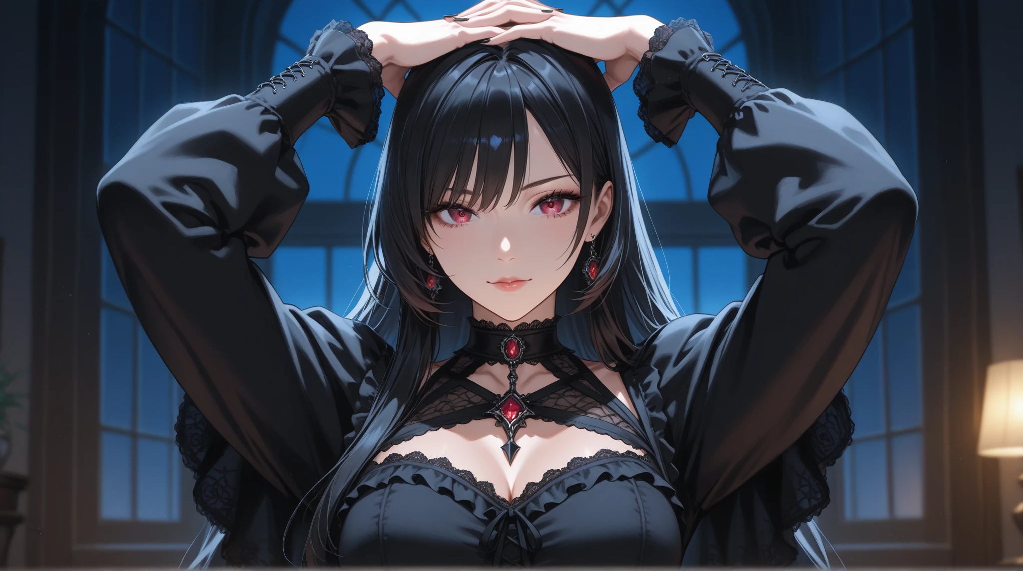 masterpiece, (midnight), anime female, 1woman, gothic, vampires, inside dark mansion, attractive, aloof, serious, hot, (mature), breasts, eyelashes, black hair, indigo eyes, no bangs, long hair