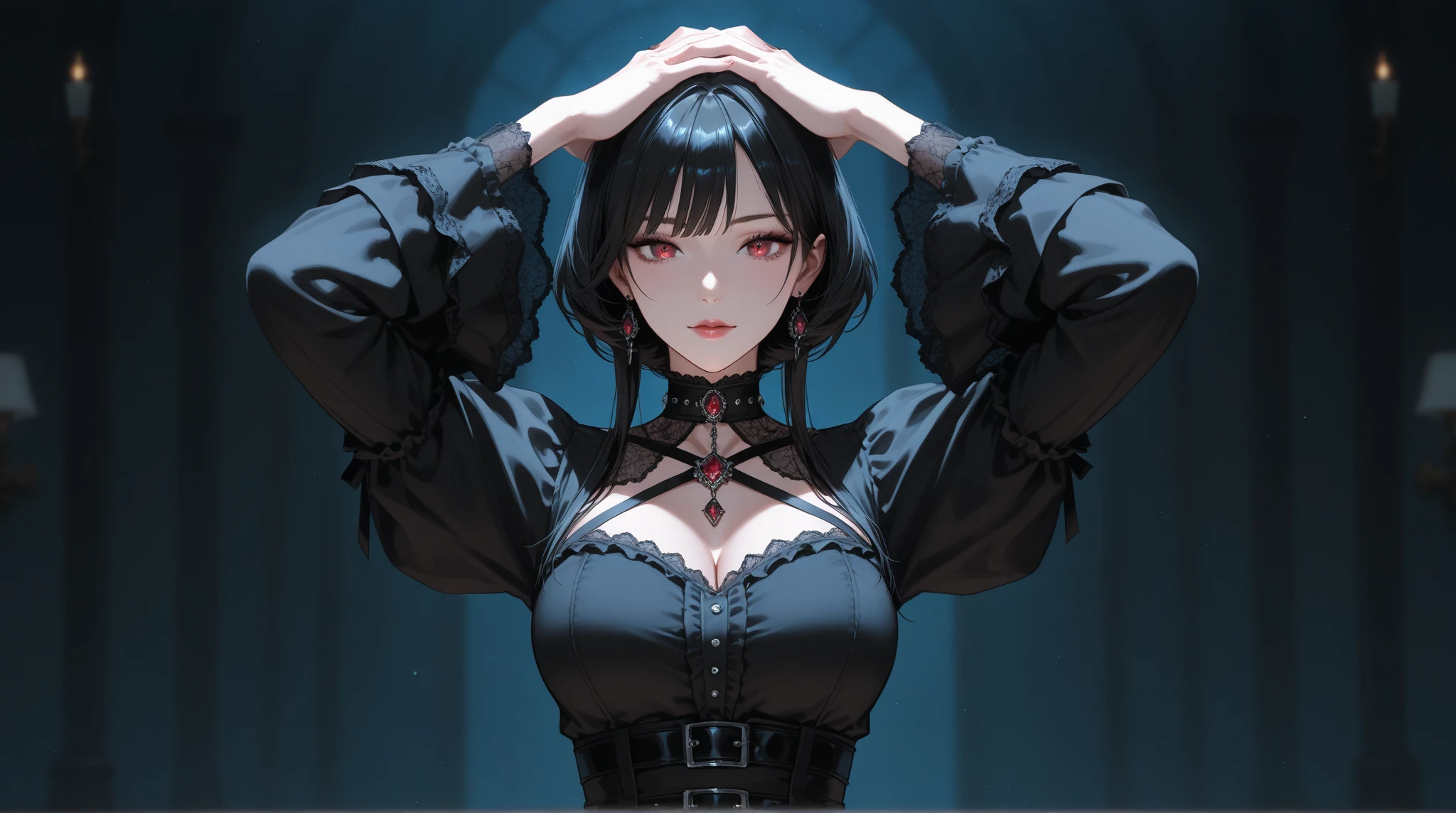 qualidade superior、Qualidade de imagem superior、obra prima、menina com((18 anos、roupa escura、Prisoner、 Melhor Busto、busto 85、uma loira、Semi-Longo、olhos azuis、peito aberto、vale、felicidade、Um esguio、Comportamento provocativo、Evil face、Algemado、Risos altos)）Hiqualidade、arte bonita、Antecedentes com((Prison、Dark print))、masutepiece、Design Elaborado、arte visual
