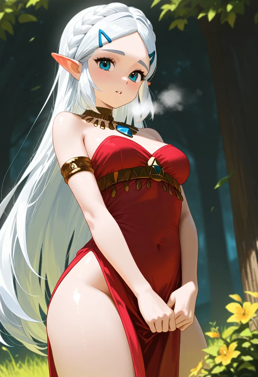 ((Best quality)), ((masterpiece)), (detailed), perfect face Elf huntress, fantasy, woman elf with white hair, forest background, White hair, black stripes on the face, full length, aged woman, light hunter clothing, woman, full length, woman full length