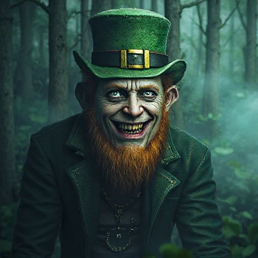 a real life scary monster Leprechaun dressed for Saint Patrick's Day, sinister beast, horror creature, frightening goblin, wicked gore, evil grin, sharp teeth, pot of gold, forest background, a vivid UHD 8K photograph, extreme details, amazing masterpiece,