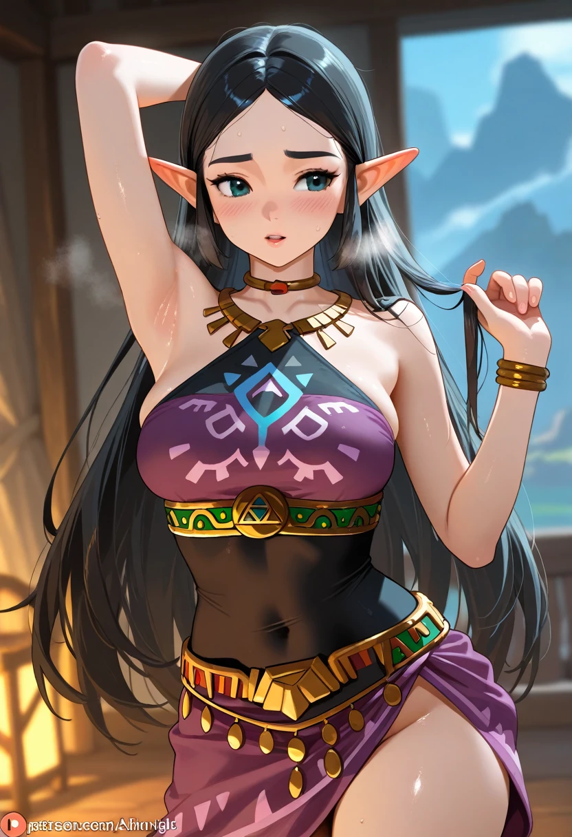 ((highest quality)),(ultra high resolution),(Super detailed),(detailed description),((best CG)),(best work of art),super precision art, great drawing art,(Art with precise details:1.5), (1 young girl:1.5), beautiful and well-shaped face:1.5,(Beautiful skin with precise and detailed depiction:1.6),(sleeveless halter neck crop top, knee length waist band gym shorts ),gorgeous, masterpiece, best quality, high-resolution, finely detailed, extremely detailed and beautiful, distinct-image, 1 girl, 16 year old teenager, solo, sharp facial features, oval shaped face. cherry pink lips, lightly tanned white skin. velvet-colored eyes, C-cup breasts, tall height(175cm), slim yet chiseled body type, short shoulder length dark violet-black hair, small narrow waist, long and slender legs, curvy wide hips, elegant training courtyard setting