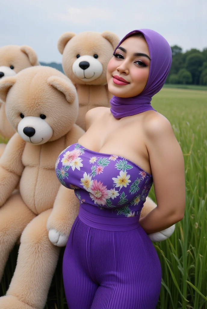 (A magical unicorn Alpaca grazes in a field full of flowers), (a brave young (20) Malaysian woman (huge natural breasts, big full butt, hourglass figure, average face, hijab no hair showing, extremely sheer translucent billowing outfit)