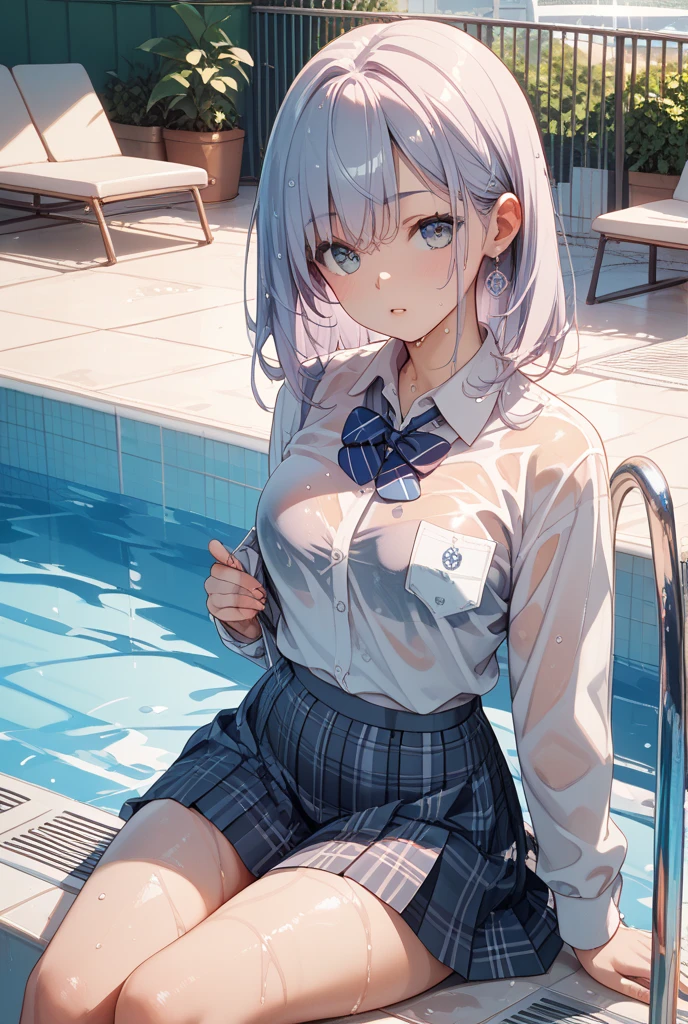 very cute and beautiful girl,tall,(highly detailed beautiful face and eyes:1.2),school uniform, white shirt,loose collar,super short skirt,mini skirt,(large breast:1.3), (You can see the cleavage),standing,stylish pose,looking at viewer,Thin face,nice face,(turn around and look back:1.2),Looking from bottom to top,Clear face,clean face,pool side,distant school building,(long and beautiful legs:1.5) (best quality,masterpiece:1.2),highres,extremely detailed,solo, hair fluttering in the wind,beautiful detailed sky,(realistic),perfect hands,(many cum on body:1.2),Furina,sexy
