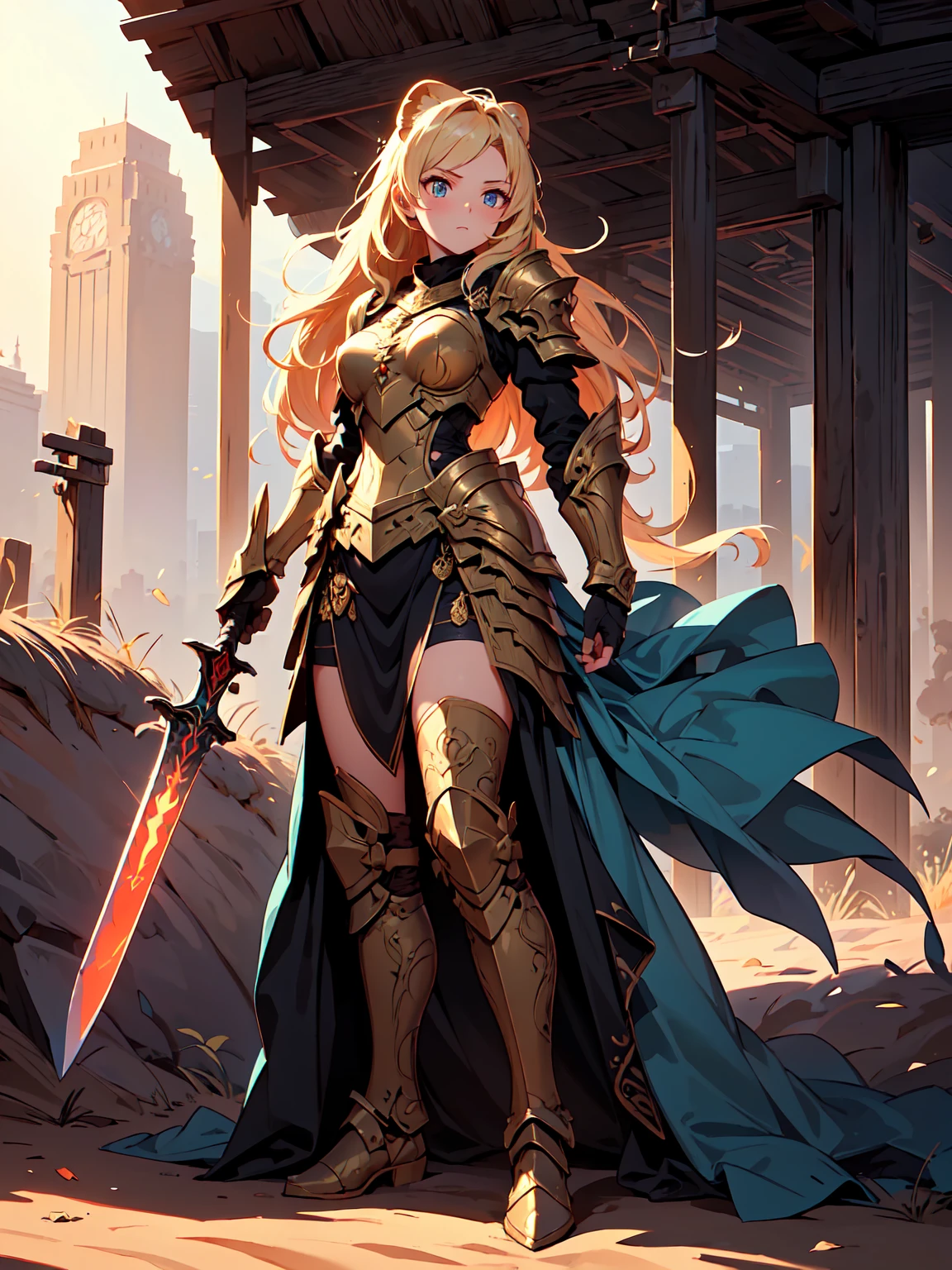 Create an image of a character in ornate golden armor with long flowing hair, standing confidently within an elaborate frame against a sky backdrop. The character is a 25-year-old woman with an anime style. She is wearing tight blue pants. The character is also wearing armored boots. The character has blonde hair and blue eyes. The background is an autumnal landscape. The character can have a dragon made of electricity. The image should be of high quality and the character should be holding a magical sword.